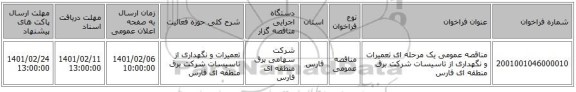 مناقصه عمومی یک مرحله ای تعمیرات و نگهداری از تاسیسات شرکت برق منطقه ای فارس