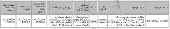 مناقصه عمومی یک مرحله ای واگذاری سرویس و نگهداری تاسیسات مرکز سوانح و سوختگی اردبیل در سال 1401 - 1402