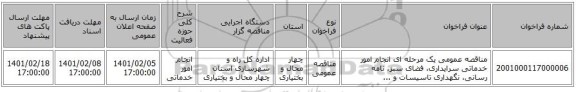 مناقصه عمومی یک مرحله ای انجام امور خدماتی سرایداری، فضای سبز، نامه رسانی، نگهداری تاسیسات و ...