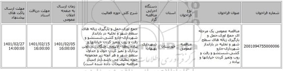 مناقصه عمومی یک مرحله ای جمع اوری،حمل و بارگیری زباله های سطح شهر و تخلیه در بارانداز شهرداری-جارو کشی،شستشو و رفت و روب وتمیز کردن خیابانها و پیاده ر