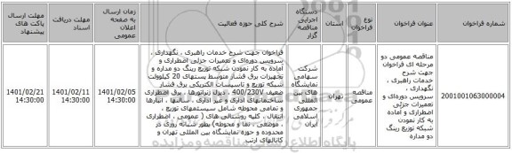 مناقصه عمومی دو مرحله ای فراخوان جهت شرح خدمات راهبری ، نگهداری  ، سرویس دوره‏ای و تعمیرات جزئی اضطراری  و آماده به کار نمودن شبکه توزیع رینگ دو مداره