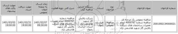 مناقصه، مناقصه عمومی یک مرحله ای مناقصه شماره 4000767 انجام تعمیرات ساختمان های شرکت پالایش گاز شهید هاشمی نژاد