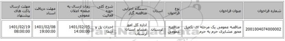 مناقصه، مناقصه عمومی یک مرحله ای تکمیل محور عشایری حرم به حرم