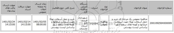 مناقصه، مناقصه عمومی یک مرحله ای خرید و حمل آسفالت توپکا جهت آسفالت خیابانها و کوچه های سطح شهر براساس لیست پیوستی