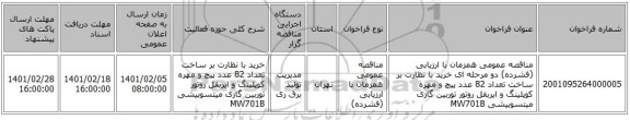 مناقصه، مناقصه عمومی همزمان با ارزیابی (فشرده) دو مرحله ای خرید با نظارت بر ساخت تعداد 82 عدد پیچ و مهره کوپلینگ و ایربفل روتور توربین گازی میتسوبیشی MW701B