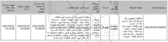 مناقصه، مناقصه عمومی یک مرحله ای حفر دستی چاه آب شرب روستاهای شهرستان ملایر (بهاره ، ملیان ، ده چانه ، بیاتان علیا ، کمربنه ، چشمه پهن ، آشاق قلعه ، انجیره ، 