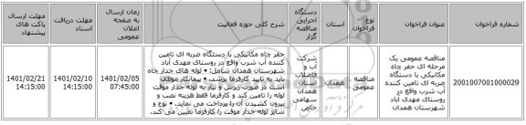 مناقصه، مناقصه عمومی یک مرحله ای حفر چاه مکانیکی با دستگاه ضربه ای تامین کننده آب شرب واقع در روستای مهدی آباد شهرستان همدان