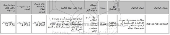 مناقصه، مناقصه عمومی یک مرحله ای اصلاح خط برگشت آب از مخزن تا داخل شهر گیان شهرستان نهاوند
