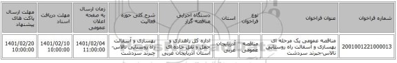 مناقصه، مناقصه عمومی یک مرحله ای بهسازی و آسفالت راه روستایی نالاس-جبرند سردشت ‏‏‏‏