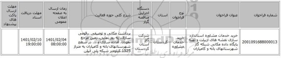 مناقصه، خرید خدمات مشاوره استاندارد سازی نقشه های ازبیلت و تهیه پایگاه داده مکانی شبکه گاز شهرستانهای بانه و کامیاران   