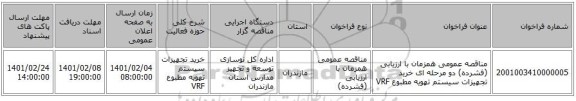 مناقصه، مناقصه عمومی همزمان با ارزیابی (فشرده) دو مرحله ای خرید تجهیزات سیستم تهویه مطبوع VRF