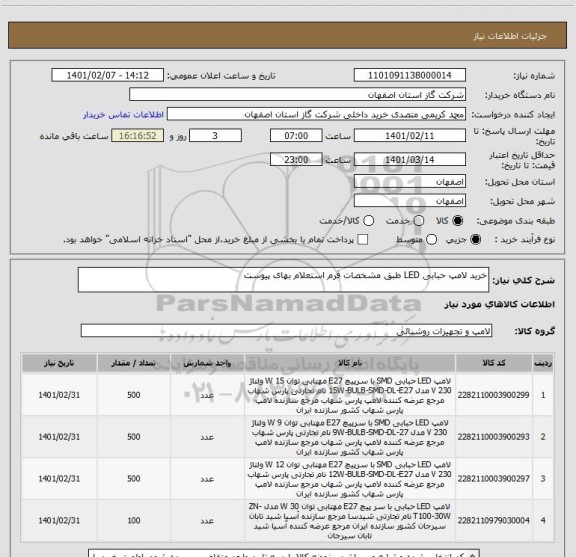 استعلام خرید لامپ حبابی LED طبق مشخصات فرم استعلام بهای پیوست