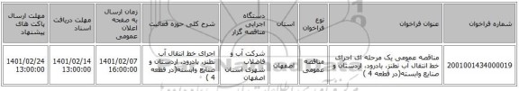 مناقصه، مناقصه عمومی یک مرحله ای اجرای خط انتقال آب نطنز، بادرود، اردستان و صنایع وابسته(در  قطعه 4 ) 