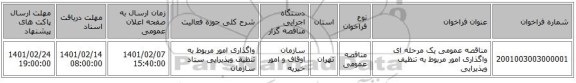 مناقصه، مناقصه عمومی یک مرحله ای واگذاری امور مربوط به تنظیف وپذیرایی