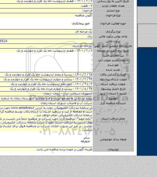 پروژه آبرسانی به مجتمع چروک و قره اوغلانلو شهرستان زنجان به شماره ۲۰-۴۰۱