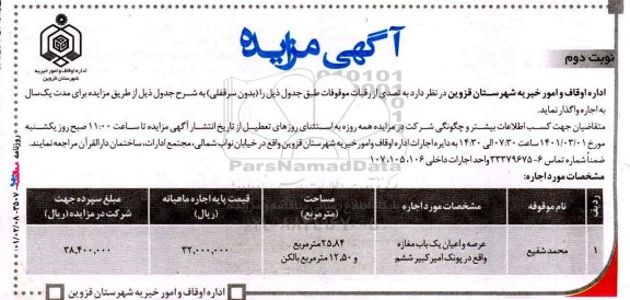 مزایده اجاره عرصه و اعیان یک باب مغازه 