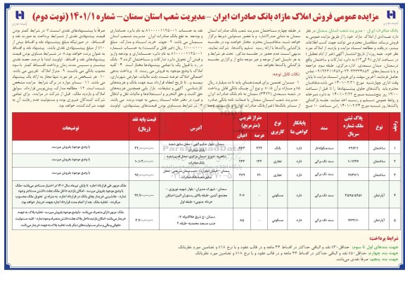 مزایده عمومی فروش املاک مازاد بانک - نوبت دوم