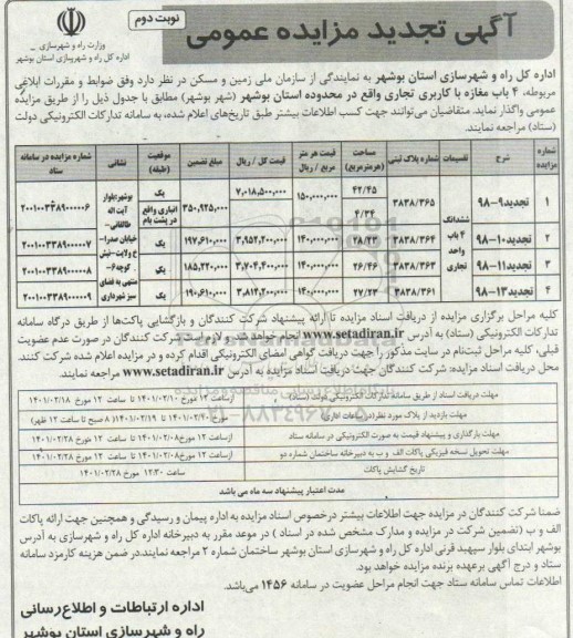 مزایده واگذاری 4 باب مغازه با کاربری تجاری تجدید نوبت دوم 
