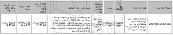 مناقصه، مناقصه عمومی یک مرحله ای انجام مطالعات و طراحی محوطه و المان میدان مرزداران شهر ماکو