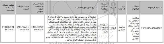 مناقصه، مناقصه عمومی یک مرحله ای تآمین نیروی انسانی شهردری پره سر بصورت حجمی
