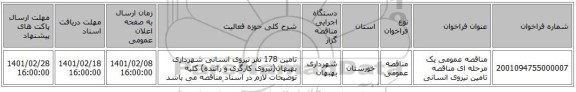 مناقصه، مناقصه عمومی یک مرحله ای مناقصه تامین نیروی انسانی