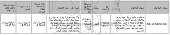 مناقصه، مناقصه عمومی یک مرحله ای واگذاری انجام کارهای خدماتی و جمع آوری زباله و حمل زباله های سطح شهر و رانندگان مورد نیاز جهت این امور بهمراه نگهداری ماشین آ