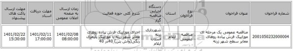 مناقصه، مناقصه عمومی یک مرحله ای موزاییک فرش پیاده روهای معابر سطح شهر زرنه 