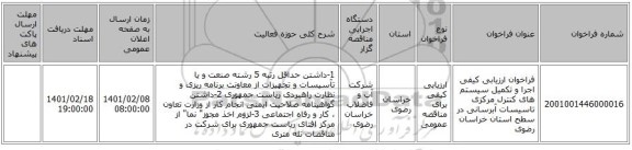 مناقصه، فراخوان ارزیابی کیفی اجرا و تکمیل سیستم های کنترل مرکزی تاسیسات آبرسانی در سطح استان خراسان رضوی 