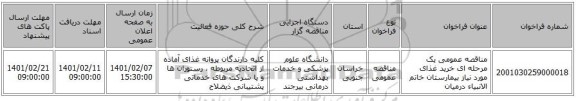 مناقصه، مناقصه عمومی یک مرحله ای خرید غذای مورد نیاز  بیمارستان خاتم الانبیاء درمیان