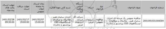 مناقصه، مناقصه عمومی یک مرحله ای احداث سایبان هیتر ، مکانیکال و مرکاپتان ایستگاههای CGS پیرانشهر و چالدران