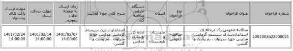 مناقصه، مناقصه عمومی یک مرحله ای استانداردسازی سیستم گرمایش مدارس حوزه سراوان ، بم پشت و گلشن