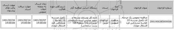 مناقصه، مناقصه عمومی یک مرحله ای تکمیل مدرسه 10 کلاسه مشارکتی قره قشلاق مهاباد