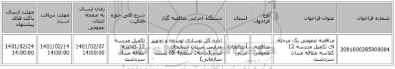 مناقصه، مناقصه عمومی یک مرحله ای تکمیل مدرسه 12 کلاسه علاقه مندان سردشت