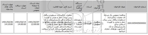 مناقصه، مناقصه عمومی یک مرحله ای عملیات خاکبرداری تسطیح و ریگلاژ،  بیس ریزی،   حمل و پخش و کوبیدن آسفالت و قیر پاشی(پریمکت و تک کت)جهت نوارهای حفاری  خیابانها
