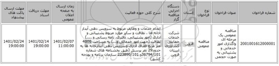 مناقصه، مناقصه عمومی یک مرحله ای  واگذاری امور خدماتی و پشتیبانی  به صورت حجمی 
