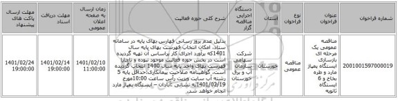 مناقصه، مناقصه عمومی یک مرحله ای بازسازی ایستگاه پمپاژ مارد و طره بخاخ و 6 ایستگاه ثانویه
