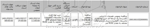 مناقصه، مناقصه عمومی همزمان با ارزیابی (فشرده) یک مرحله ای خرید لوله فلزی مانسمان گالوانیزه و درزدار درسایز های مختلف به مقدار 9102 متر