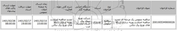 مناقصه، مناقصه عمومی یک مرحله ای تجدید مناقصه اصلاح و بهینه سازی شبکه های توزیع برق تنکابن 