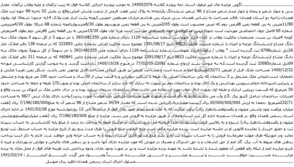 آگهی مزایده ششدانگ یکبابخانه به پلاک ثبتی هفت فرعی از شصت وشش اصلی