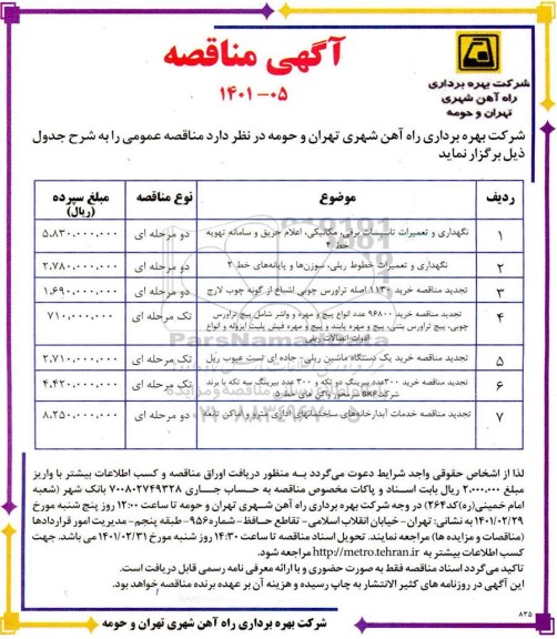 مناقصه نگهداری و تعمیرات تاسیسات برقی ، مکانیکی ، اعلام حریق...
