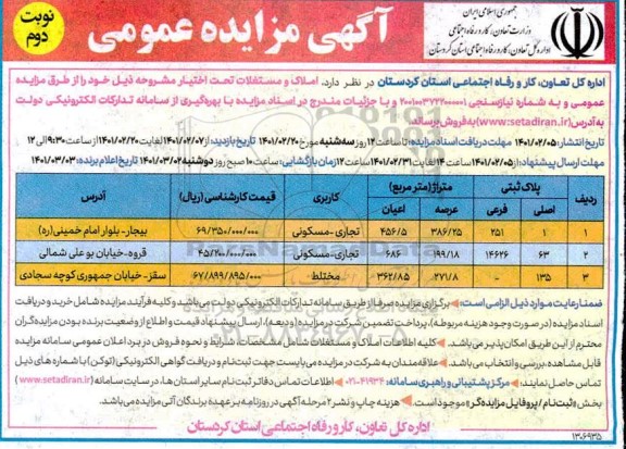مزایده ، مزایده فروش املاک و مستغلات تجاری - مسکونی 