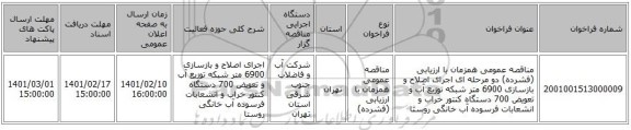 مناقصه، مناقصه عمومی همزمان با ارزیابی (فشرده) دو مرحله ای اجرای اصلاح و بازسازی 6900 متر شبکه توزیع آب و تعویض 700 دستگاه کنتور خراب و انشعابات فرسوده آب خانگی روستا