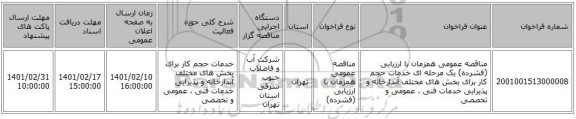 مناقصه، مناقصه عمومی همزمان با ارزیابی (فشرده) یک مرحله ای  خدمات حجم کار برای بخش های مختلف آبدارخانه و پذیرایی خدمات فنی ، عمومی و تخصصی