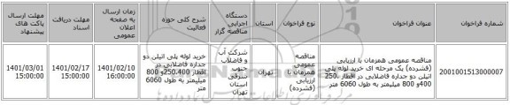 مناقصه، مناقصه عمومی همزمان با ارزیابی (فشرده) یک مرحله ای خرید لوله پلی اتیلن دو جداره فاضلابی در اقطار 250،400و 800 میلیمتر به طول 6060 متر