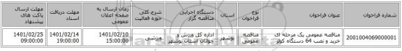 مناقصه، مناقصه عمومی یک مرحله ای خرید و نصب 64 دستگاه کولر 