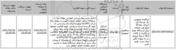 مناقصه، مناقصه عمومی یک مرحله ای اجرای خط 33 کیلو ولت انتقال برق ایستگاه پمپاژ و آبگیری از کانال W2 شبکه آبیاری دز به عنوان آبگیر میان مدت طرح غدیر