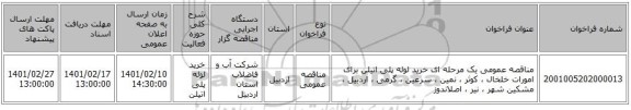 مناقصه، مناقصه عمومی یک مرحله ای خرید لوله پلی اتیلن برای امورات خلخال ، کوثر ، نمین ، سرعین ، گرمی ، اردبیل ، مشکین شهر ، نیر ، اصلاندوز