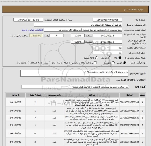 استعلام شیر پروانه ای، یکطرفه ، گلوب ، قطعه فولادی
