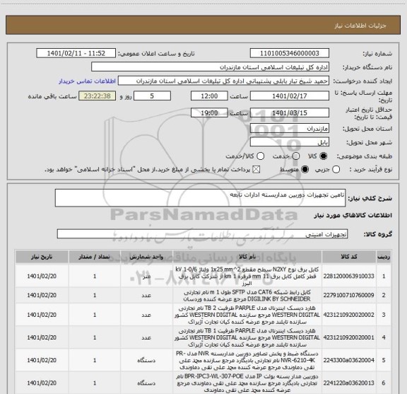 استعلام تامین تجهیزات دوربین مداربسته ادارات تابعه