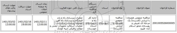 مناقصه، مناقصه عمومی همزمان با ارزیابی (فشرده) یک مرحله ای تعریض و بهسازی محور اسلام آباد- هپرو 